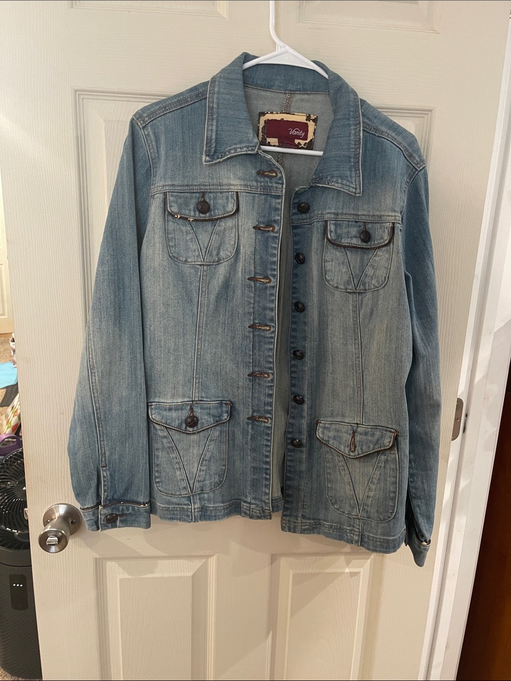 Vanity Light Blue Denim Jacket with Burgundy Label